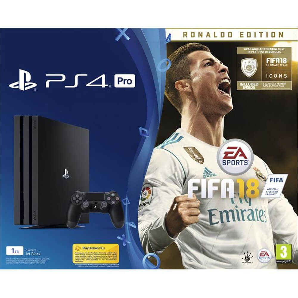 Consola Sony PS4 Pro (Playstation 4), 1 TB, Negru + FIFA 18 Cristiano Ronaldo Edition (cod download) + Abonament PS Plus 14 zile