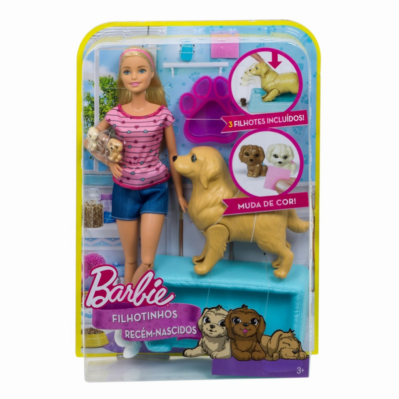 barbie si surorile ei intr o poveste cu ponei in romana Papusa Barbie blonda cu catelusa si puii ei
