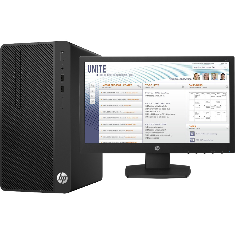 Pachet: Sistem Desktop PC HP 290 G1, Intel Core i3-7100, 4GB DDR4, HDD 500GB, Intel HD Graphics, Free DOS + Monitor HP V197, 18.5