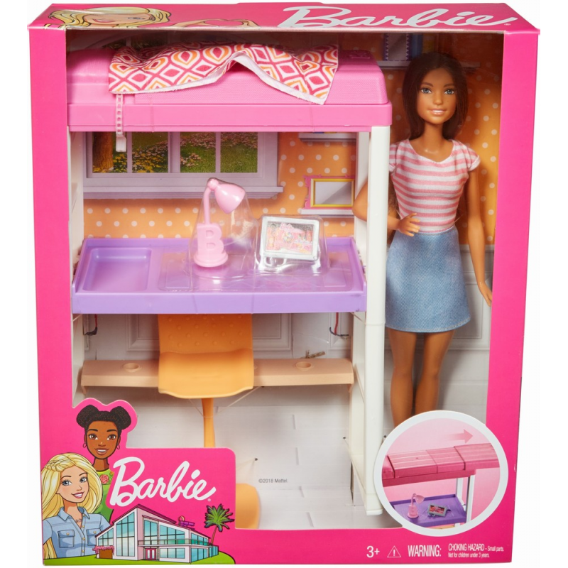 Barbie set dormitor cu papusa par saten