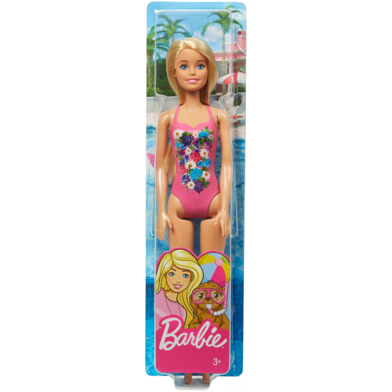 Papusa Barbie blonda cu costum de baie inflorat