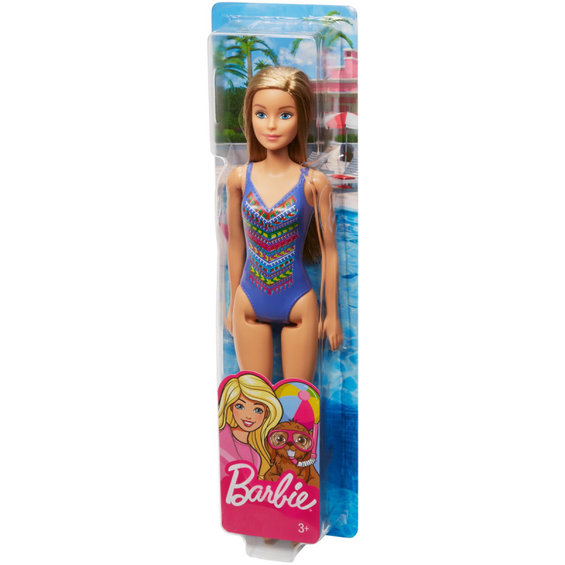 Papusa Barbie blonda cu costum de baie cu model multicolor