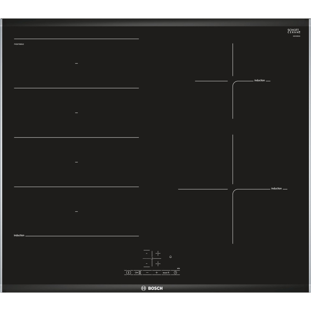 Plita incorporabila Bosch PXE675BB1E, Inductie, Vitroceramica, 4 zone de gatit