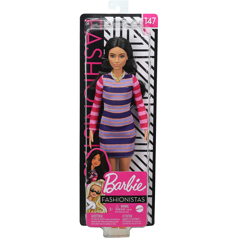 Papusa Barbie Fashionistas bruneta cu rochita cu dungi colorate