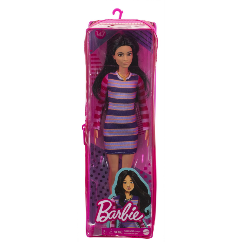 Papusa Barbie Fashionistas bruneta cu rochita chic colorata