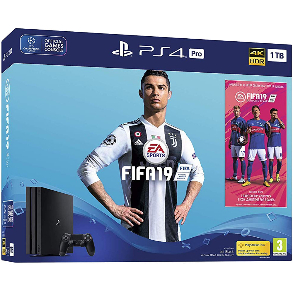 Consola Sony PS4 PRO (Playstation 4), 1TB, Negru + FIFA 19 + Voucher PlayStation Plus 14 zile