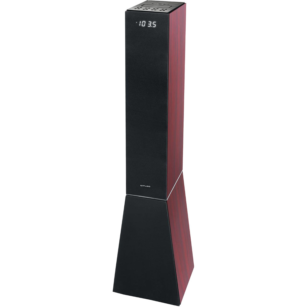 Sistem audio tower Muse M-1300 DWT, 2.1, 180W, LED, Suport smartphone/tableta, FM Radio, Telecomanda, Lemn, Negru-Rosu