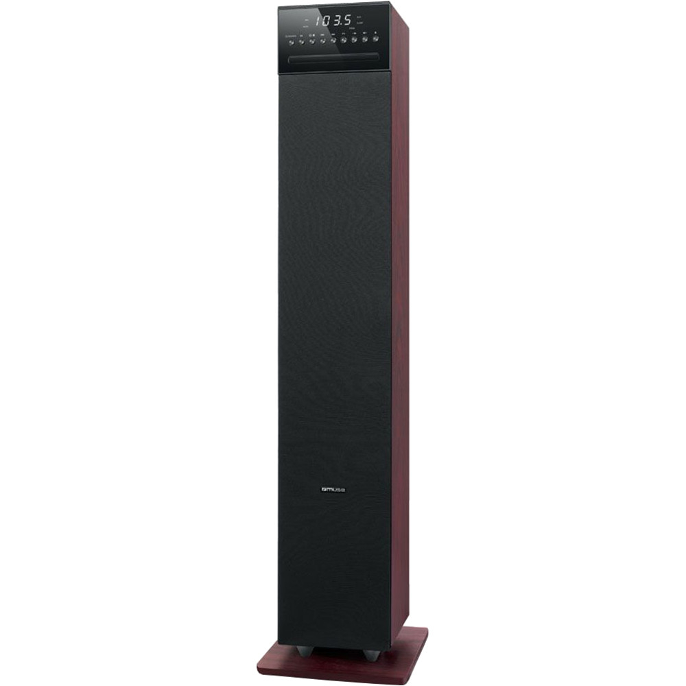 Sistem audio tower Muse M-1350 DWTC, 2.1, 180W, LED, Suport smartphone/tableta, FM Radio, Telecomanda, Lemn, Negru-Rosu