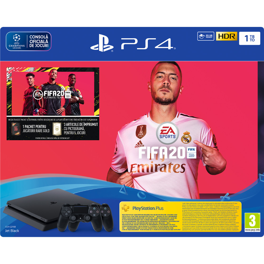 Consola Sony PS4 Slim (PlayStation 4), 1TB, Negru + Extra Controller + FIFA 20 + Voucher FUT20 + Voucher PS+ 14 zile