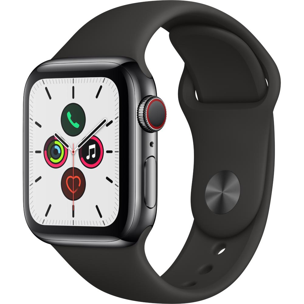 Apple Watch Series 5 GPS + Cellular, 40mm, Space Black, Stainless Steel Case, Black Sport Band