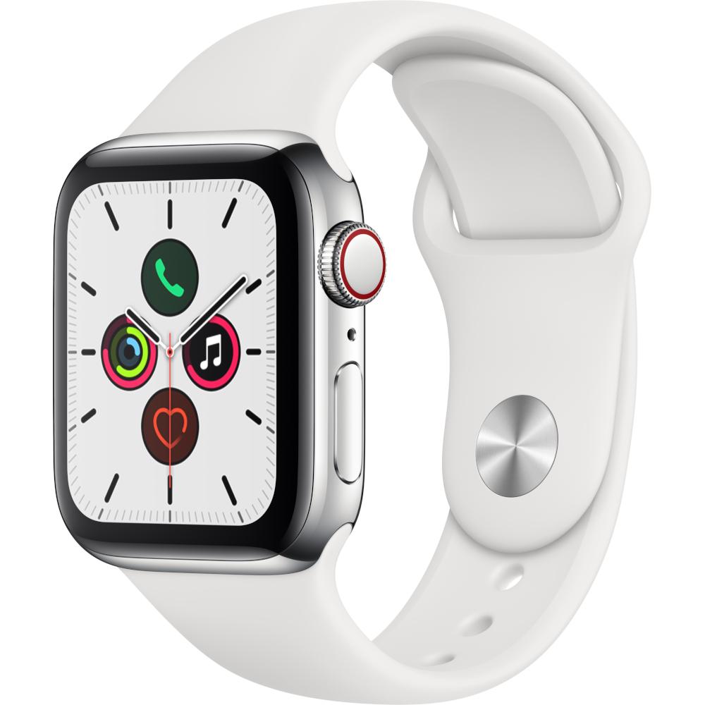 Apple Watch Series 5 GPS + Cellular, 40mm, Silver, Stainless Steel Case, White Sport Band