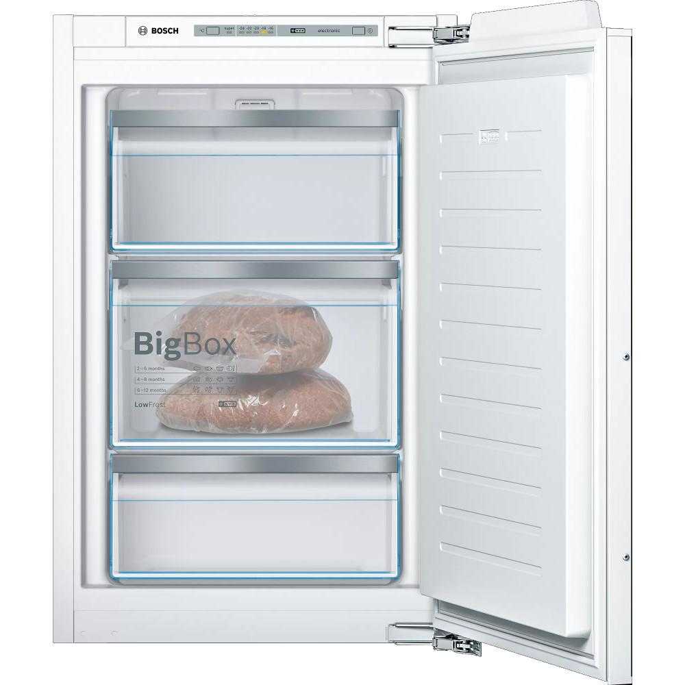 Congelator incorporabil Bosch GIV21AFE0, 97 l, Low Frost, SuperFreezing, FreshSense, BigBox, Usa reversibila, Clasa E (clasificare energetica veche Clasa A++), H 87.4 cm, Alb