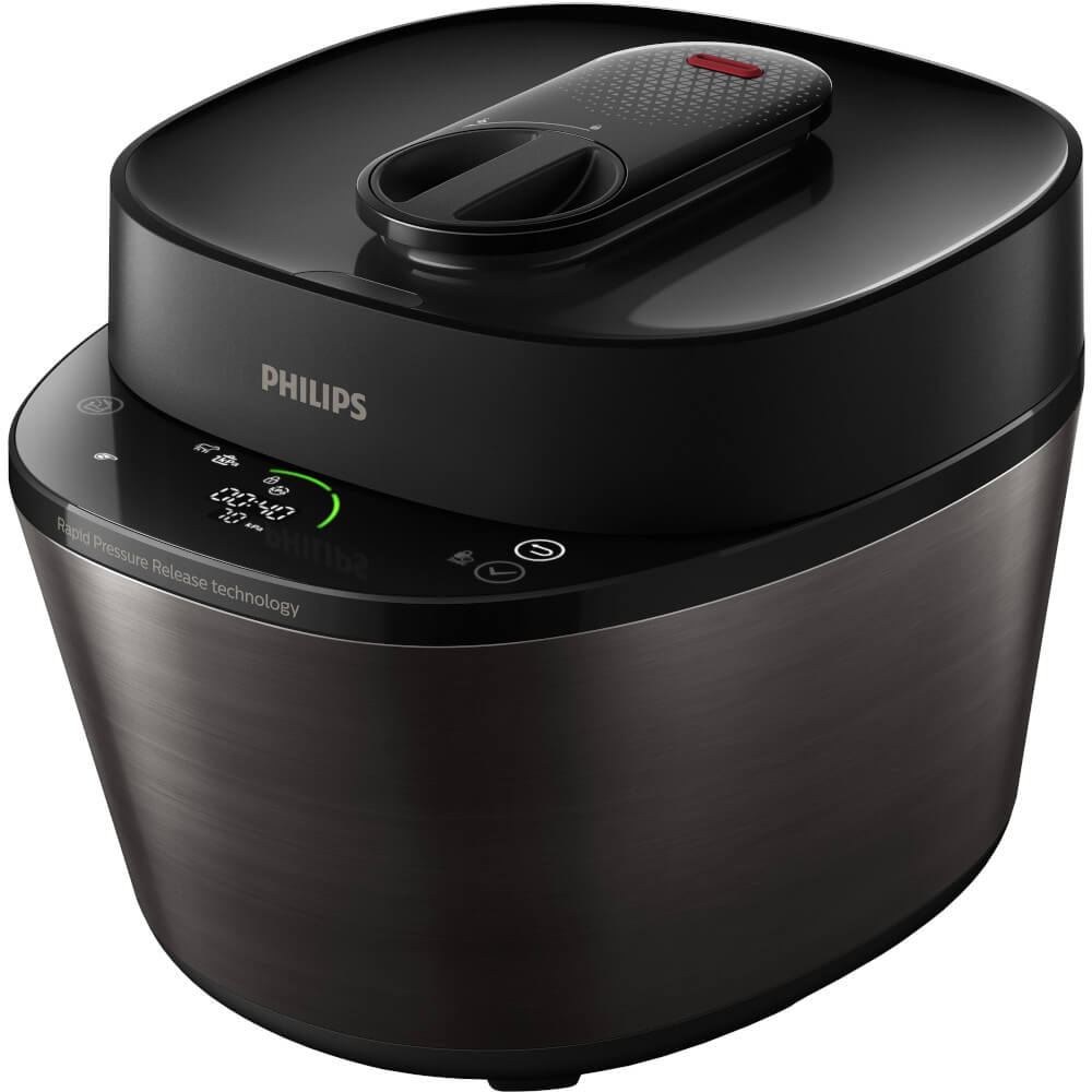 Philips All-in-One MultiCooker cu gatire sub presiune HD2151/40, 1000 W, 5 L, 18 sisteme de protectie, Aplicatie NutriU, Carte de bucate, Negru