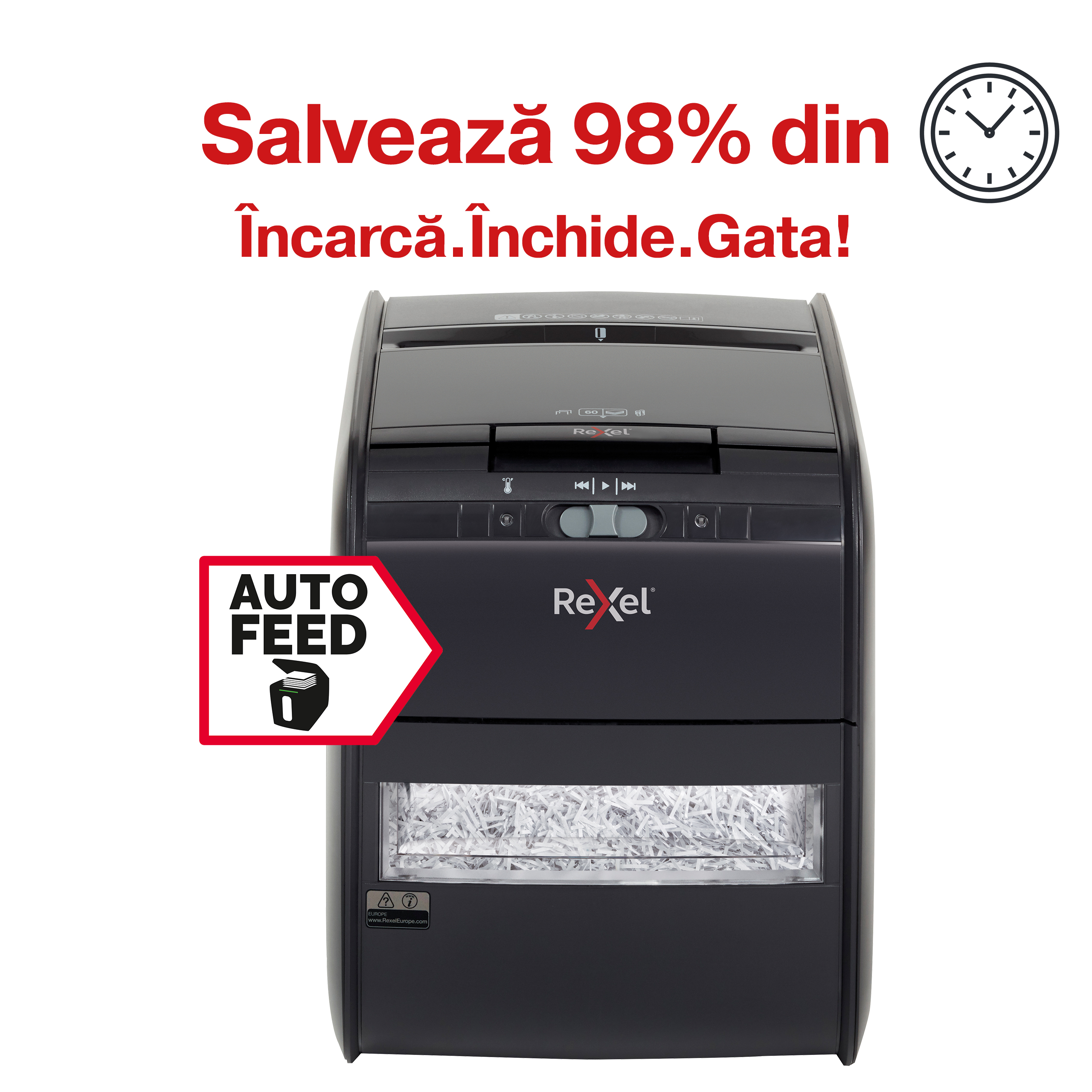 Distrugator Documente Automat Rexel Auto+ 60x, P3, Cross-cut (confeti), 60 Coli, Cos 15l, Negru