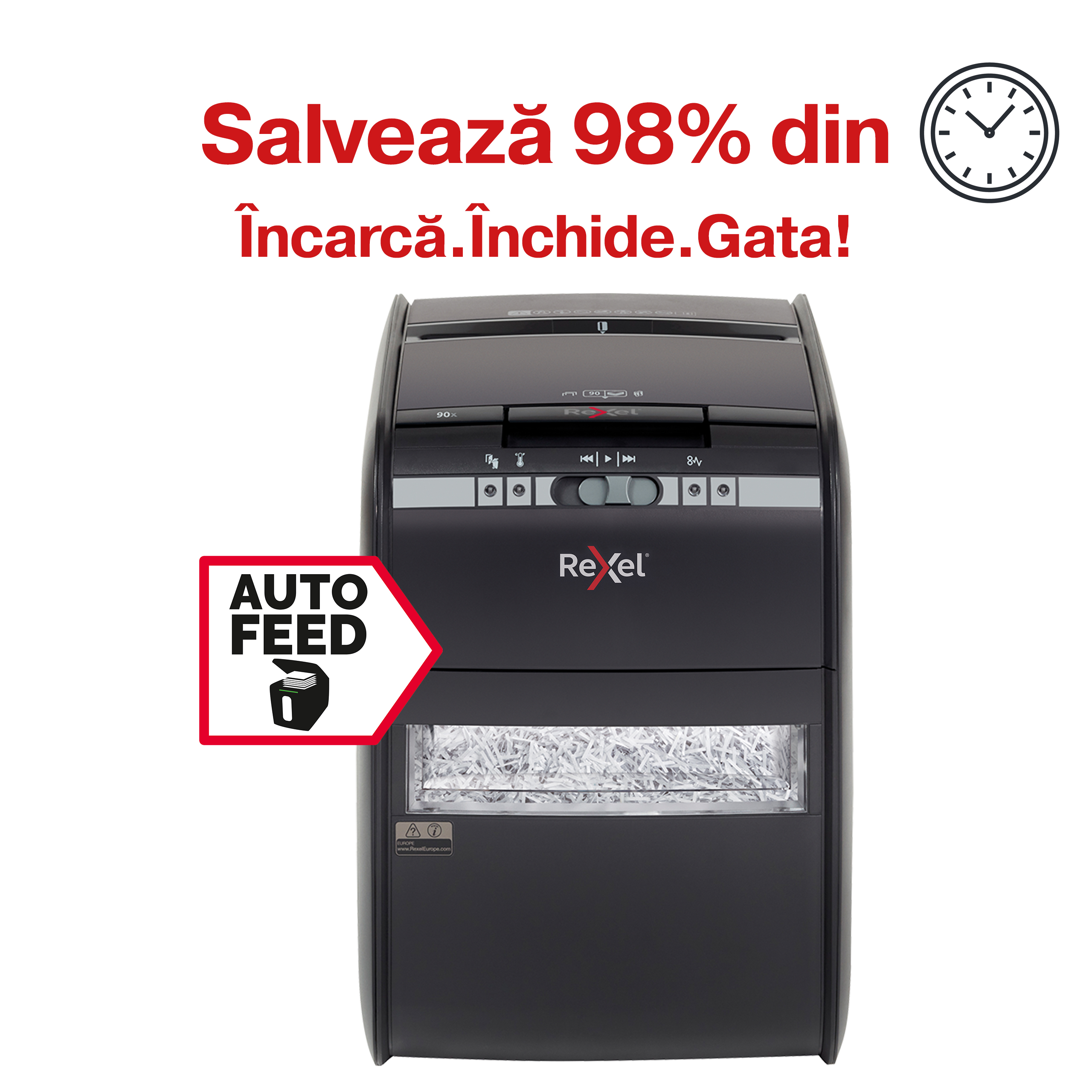 Distrugator Documente Automat Rexel Auto+ 90x, P3, Cross-cut (confeti), 90 Coli, Cos 20l, Negru