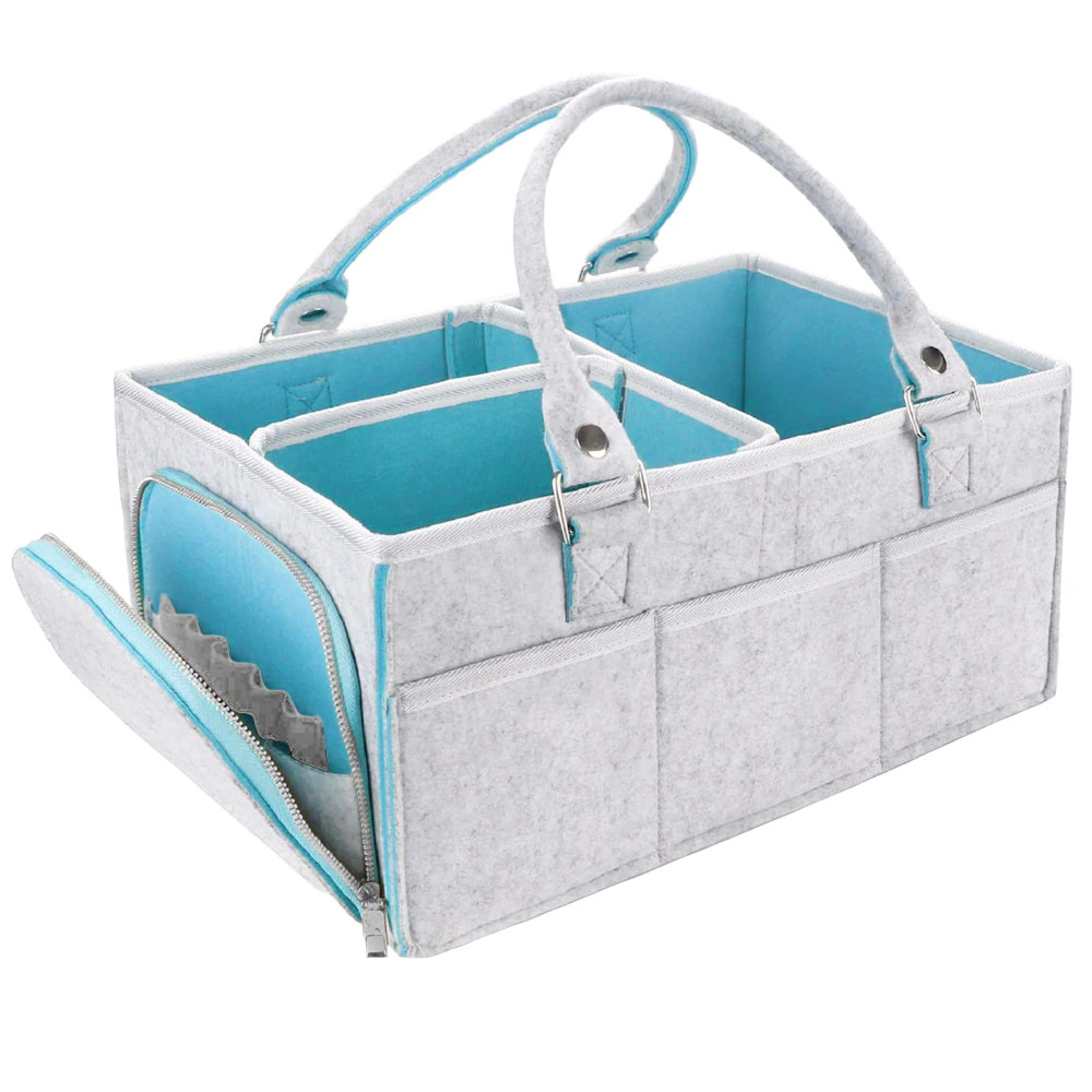 Geanta organizator scutece si accesorii copii/bebelusi, Quasar & Co.®, 3 compartimente si 8 buzunare, fetru, 38 x 26 x 18 cm, gri deschis-bleu