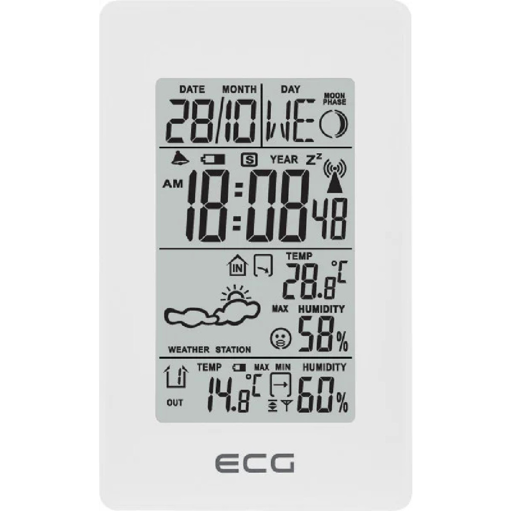 Statie meteo interior-exterior ECG MS 100 White, senzor extern fara fir, LCD, ceas, alarma