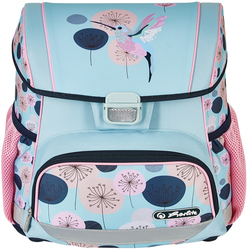 Ghiozdan echipat Loop Plus ( penar 16 piese, sac sport, necessaire rotund), dimensiune 37 x 31 x 22 cm, motiv Hummingbird