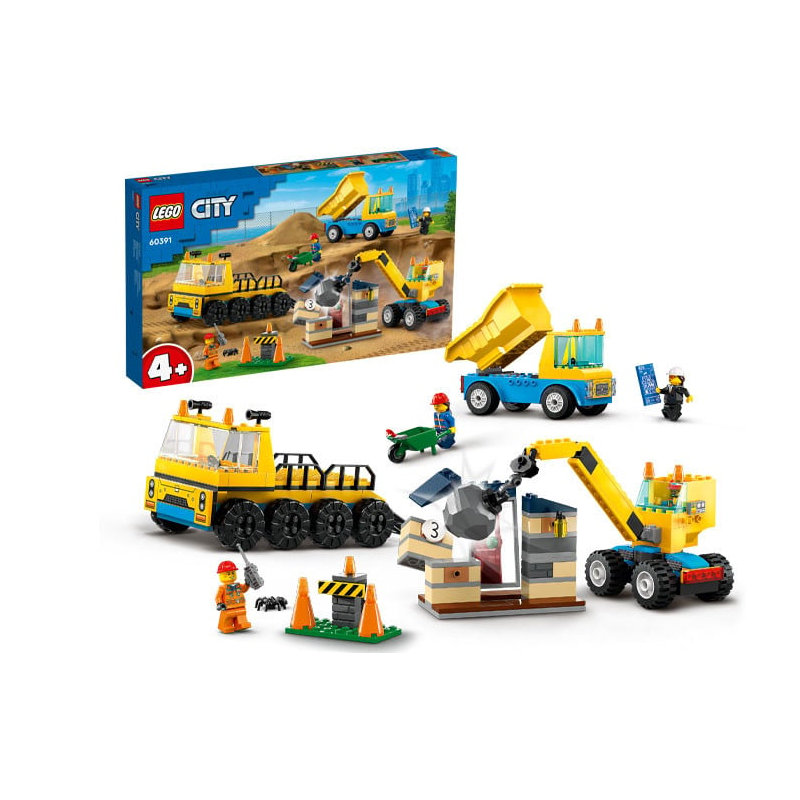 Set LEGO City - Camioane de constructie si macara cu bila pentru demolari (60391)