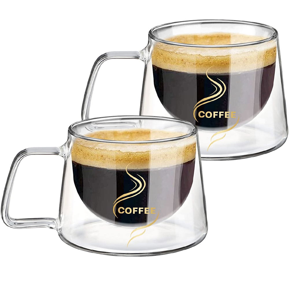 Set 2 cesti cafea, Quasar & Co.®, 200 ml, din sticla cu pereti dubli, termorezistenta, mesaj COFFEE, d 7.8 x h 7 cm