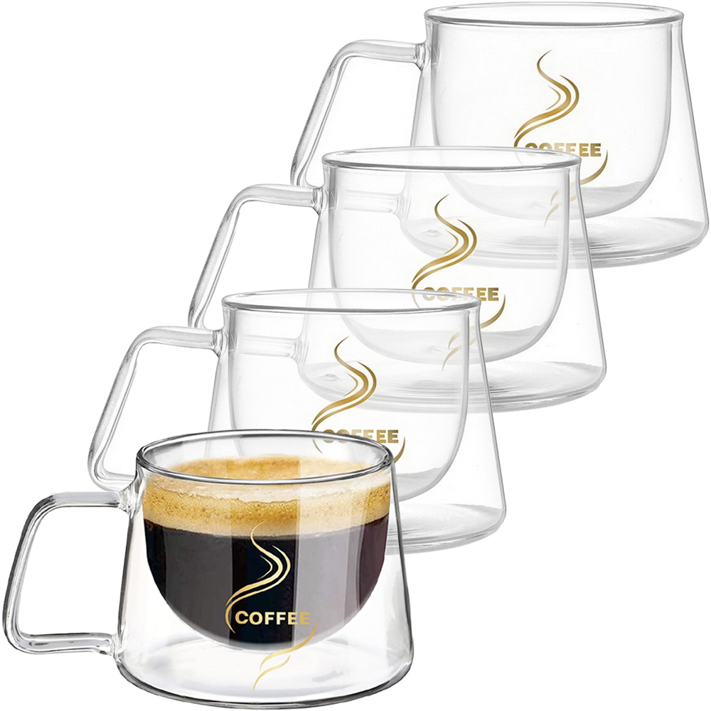 Set 4 cesti cafea, Quasar & Co.®, 200 ml, din sticla cu pereti dubli, termorezistenta, mesaj COFFEE, d 7.8 x h 7 cm