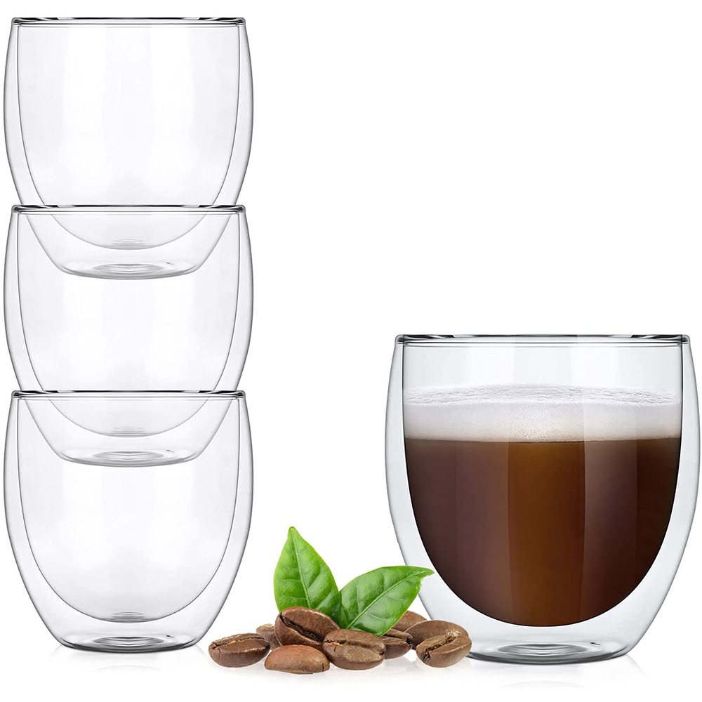 Set 4 pahare din sticla cu pereti dubli, Quasar & Co, 250 ml, termorezistente, design modern, h 9 cm, d 8 cm