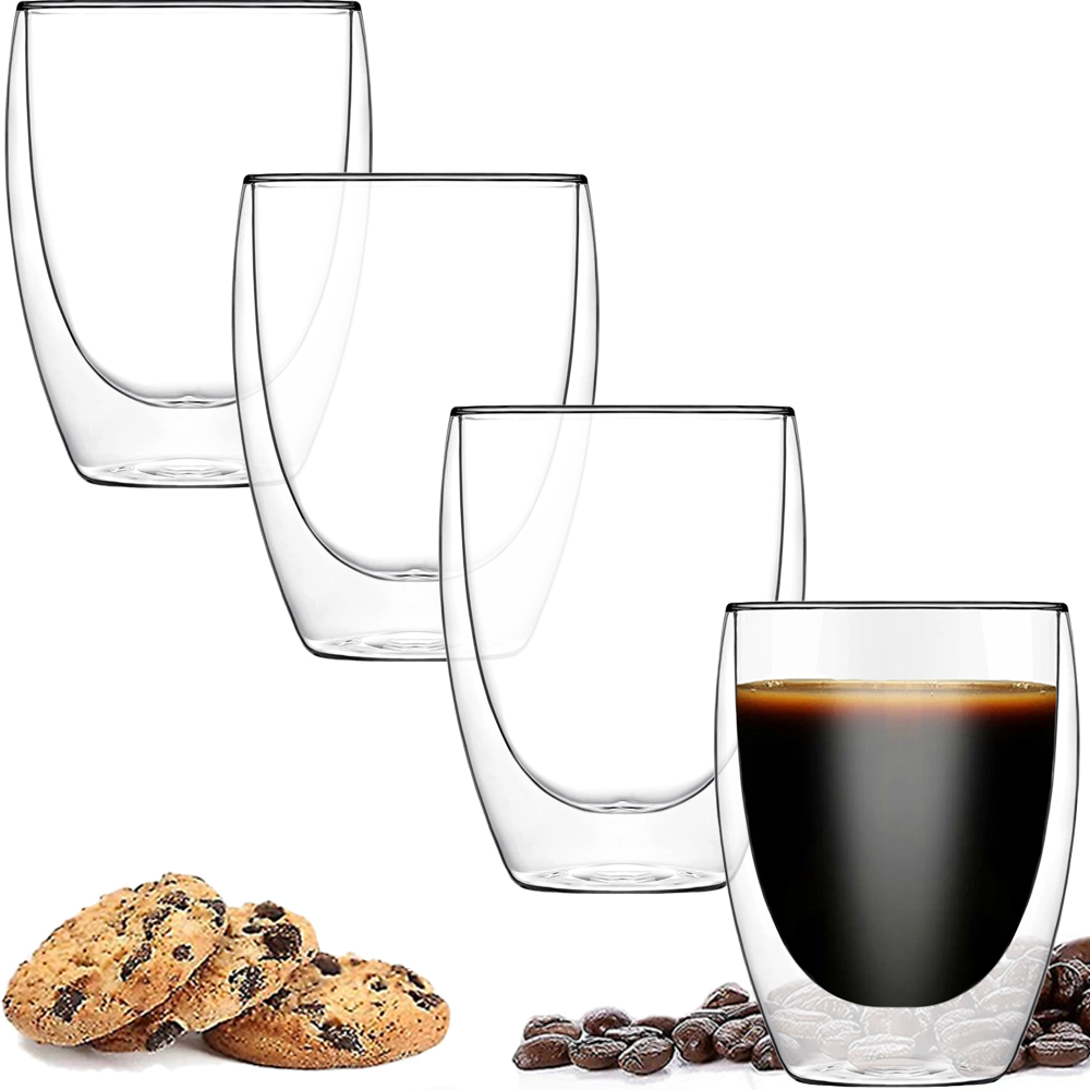 Set 4 pahare din sticla cu pereti dubli, Quasar & Co., termorezistente, design modern, diametru 8 x h11.5 cm, 350 ml