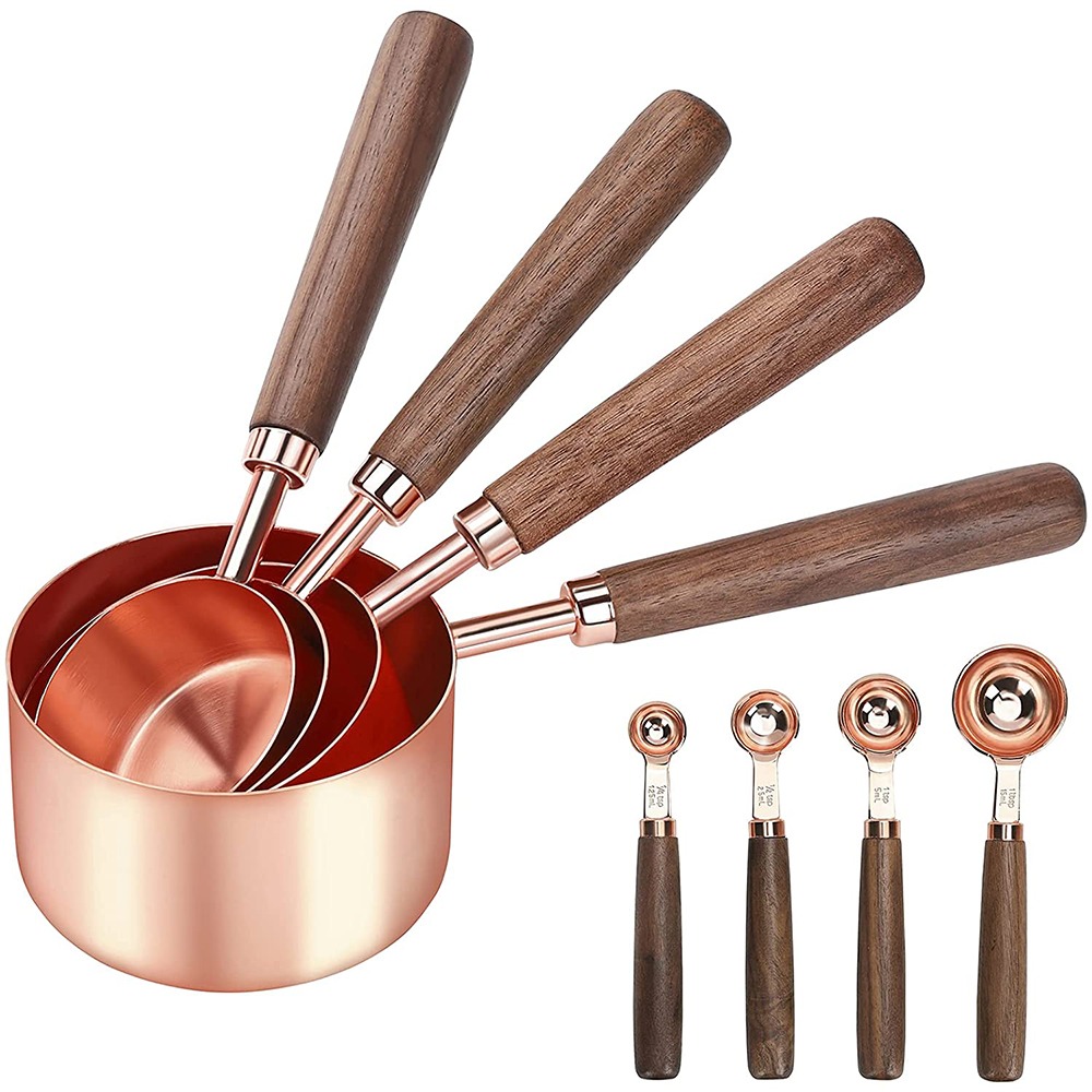 Set 8 cupe metalice masurare Quasar & Co., cu manere din lemn, 1,25 ml/2,5 ml/5 ml/15 ml/60 ml/80 ml/125 ml/250 ml, otel inoxidabil, Rose Gold