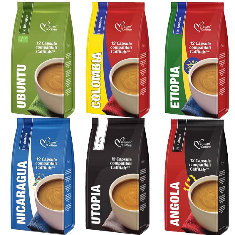 Kit degustare cafea, 72 de capsule compatibile Caffitaly, Tchibo Cafissimo, Beanz, Italian Coffee