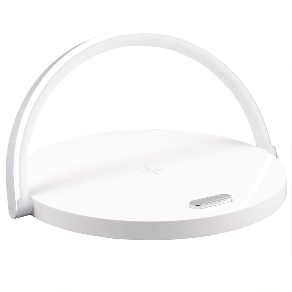 Lampa cu incarcare wireless si suport telefon, Quasar & Co., 3 functii, QI 10W, veioza cu 3 intensitati lumina, ABS, alb