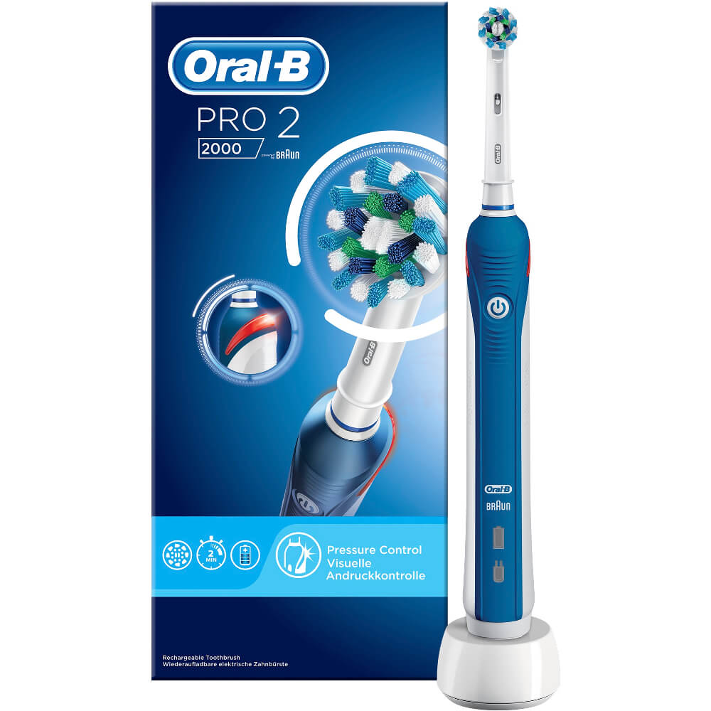 Periuta de dinti electrica Oral-B PRO 2 2000 Cross Action, 8800 oscilatii, 2 programe, 1 capat, Alb/Albastru