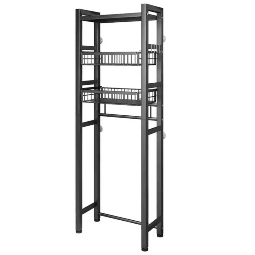 Raft depozitare universal, Quasar & Co.®, cu 3 polite, peste toaleta, etajere glisante, metal, 54 x 24 x 159.5 cm, negru