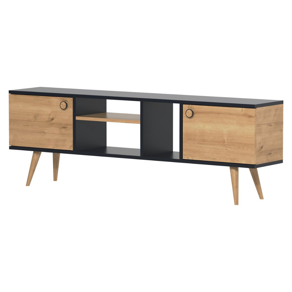 Comoda TV, Quasar & Co.®, mobilier living, 160 x 29.5 x 50 cm, MDF, negru/pin