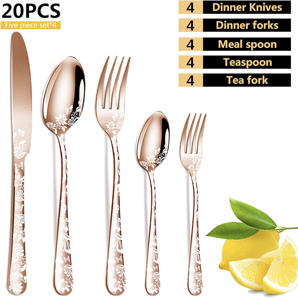 Set 20 tacamuri din inox, Quasar & Co.®, 4 x lingura, 4 x furculita, 4 x cutit, 4 x lingurita, 4 x furculita mica, rose gold