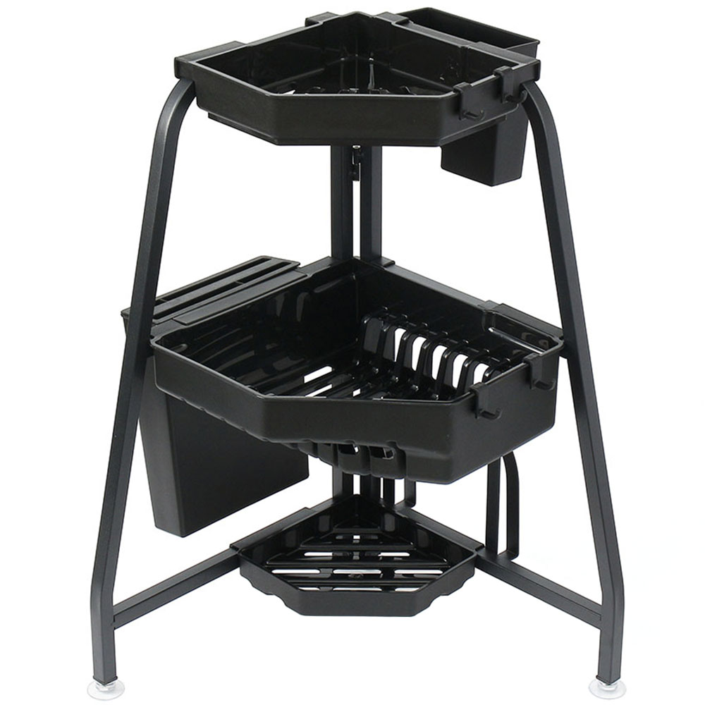 Raft scurgator vase colt,  Quasar & Co, 3 niveluri, cu suport de tacamuri, vesela, tocator, 34 x 34 x 56 cm, metal/ABS, negru