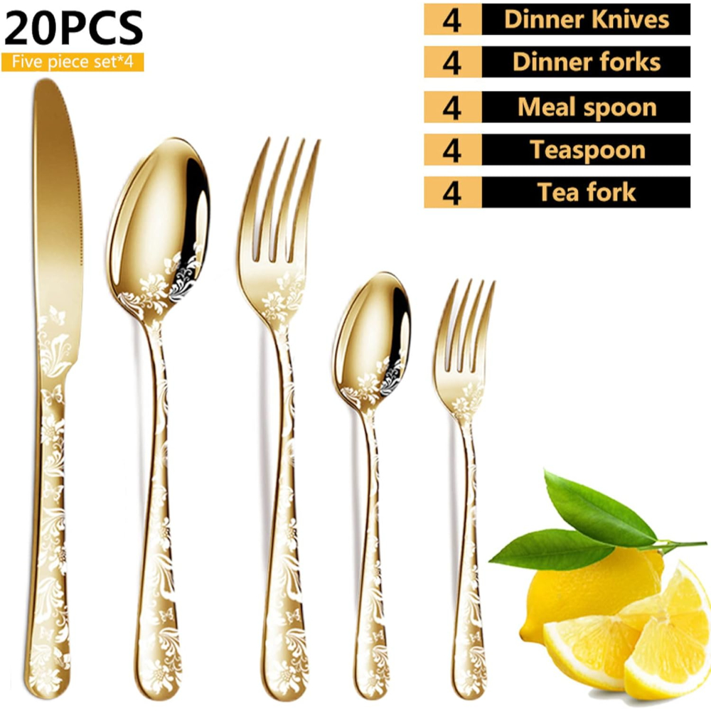 Set 20 tacamuri din inox, Quasar & Co.®, 4 x lingura, 4 x furculita, 4 x cutit, 4 x lingurita, 4 x furculita mica, gold