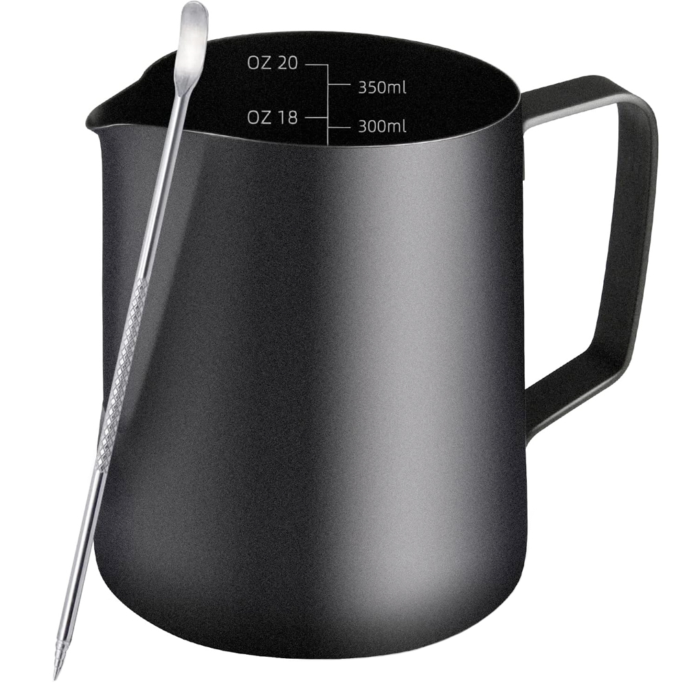 Set latiera pentru spumare lapte cu gradatie si stilou pentru decorare, Quasar & Co, cu maner si cioc, cana barista, inox, 350 ml, negru