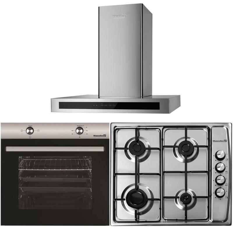 Pachet Cuptor Incorporabil Hausberg HB-8051IN, Electric, 76 l, 4 Functii, Clasa A + Plita Incorporabila Hausberg HB-555, 4 arzatoare, Gaz, Inox + Hota incorporabila decorativa Hausberg HB-1380, 450 m3/h, 1 motor, Touch control, LED, Filtru aluminiu