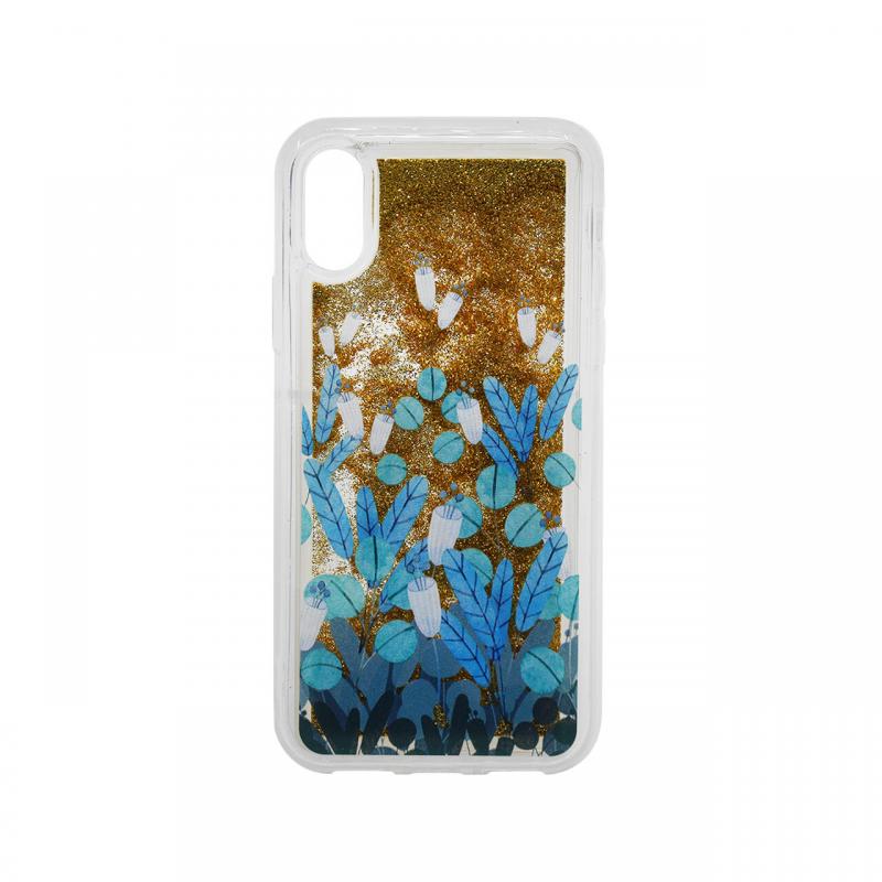 Husa  iPhone XS / X Lemontti Liquid Sand Blue Flowers