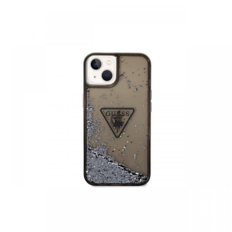 Husa iPhone 14 Plus Guess Liquid Glitter Translucent Triangle Logo Black