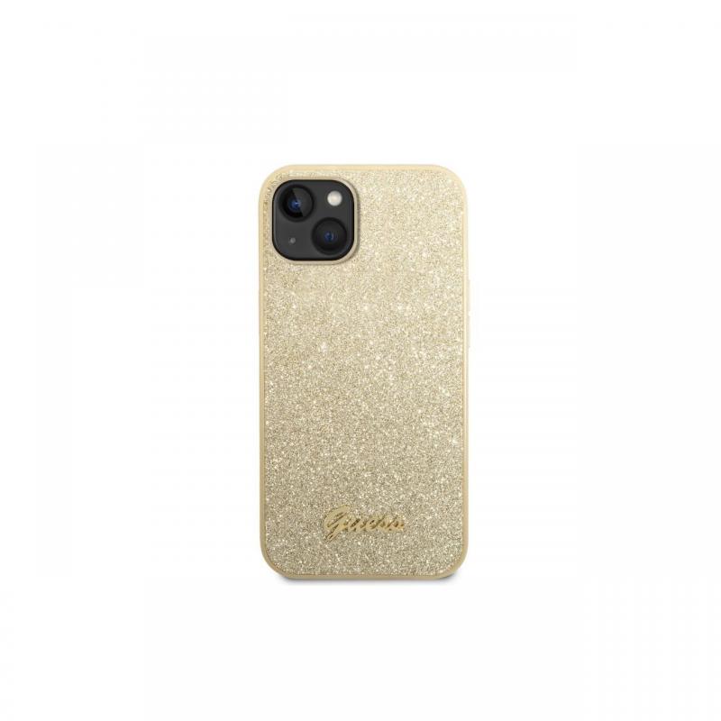 Husa iPhone 14 Plus Guess Glitter TPU Flakes Script Metal Logo Gold