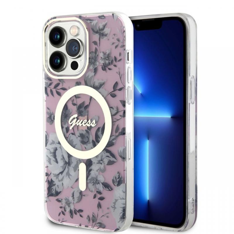 Guess Husa Flowers MagSafe iPhone 14 Pro Roz