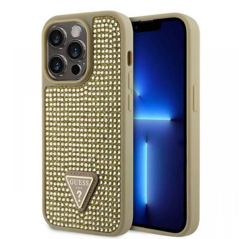 Guess Husa Rhinestones Triangle Metal Logo iPhone 15 Pro Max Auriu