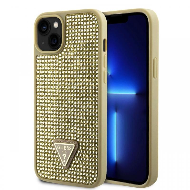 Guess Husa Rhinestones Triangle Metal Logo iPhone 15 Auriu