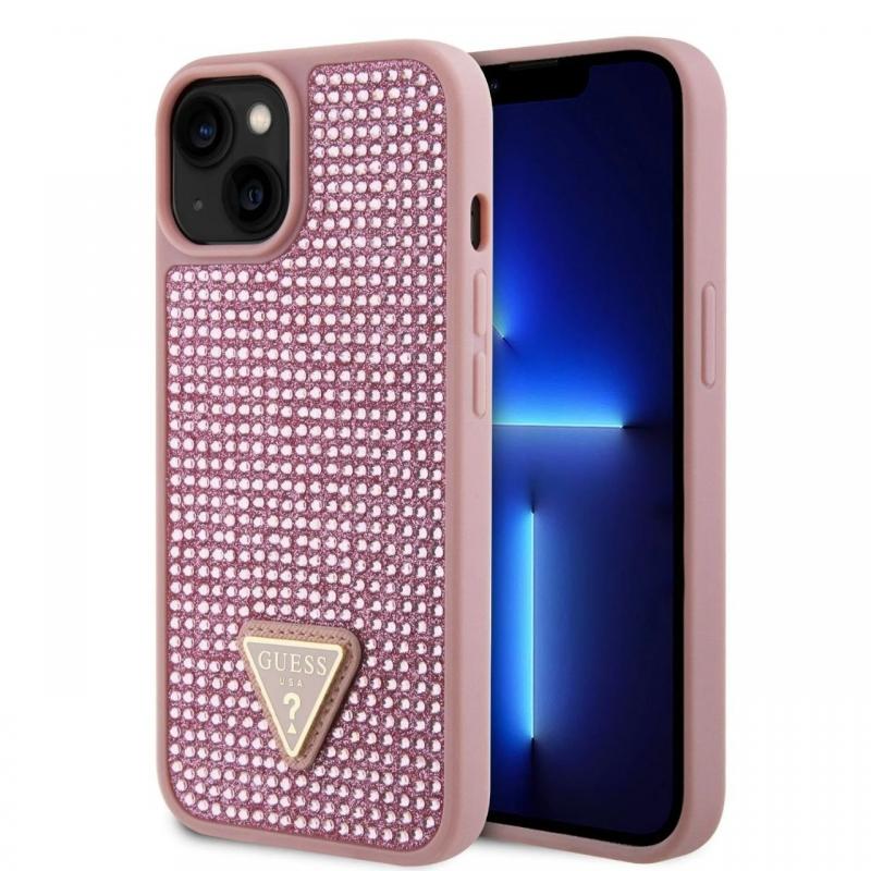 Guess Husa Rhinestones Triangle Metal Logo iPhone 15 Roz