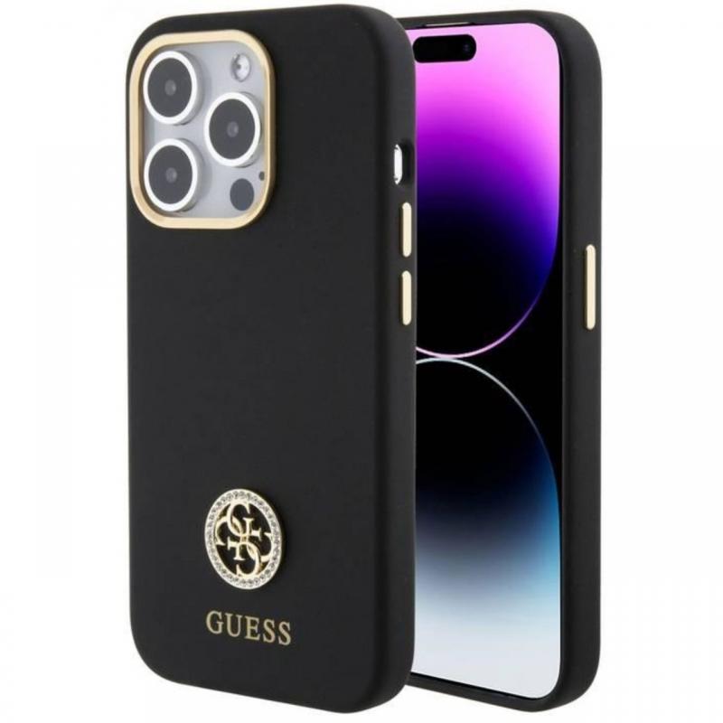 Guess Husa Liquid Silicone 4G Strass Metal Logo iPhone 15 Pro Negru