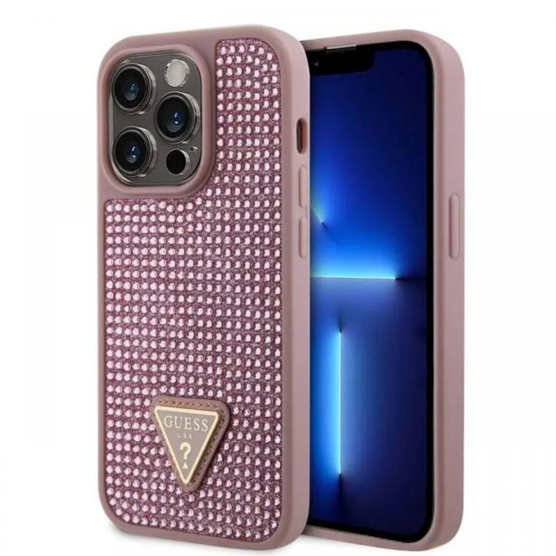 Guess Husa Rhinestones Triangle Metal Logo iPhone 15 Pro Roz