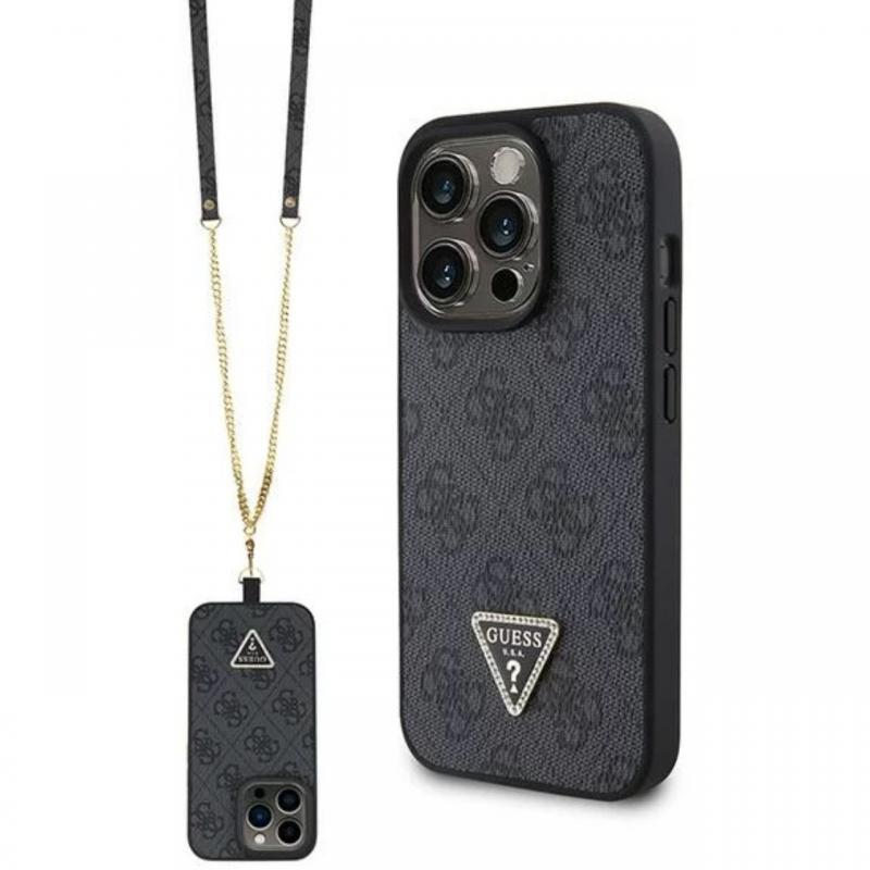 Guess Husa PU 4G Strass Triangle Metal Logo cu curea Crossbody iPhone 15 Pro Max Negru