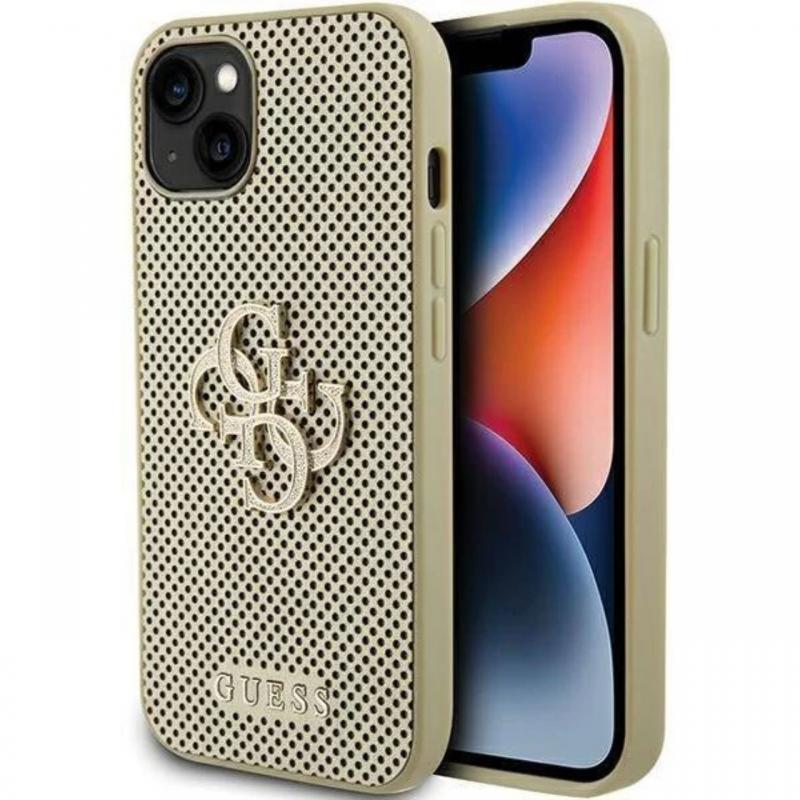 Guess Husa Perforated 4G Glitter Metal Logo iPhone 15 Auriu