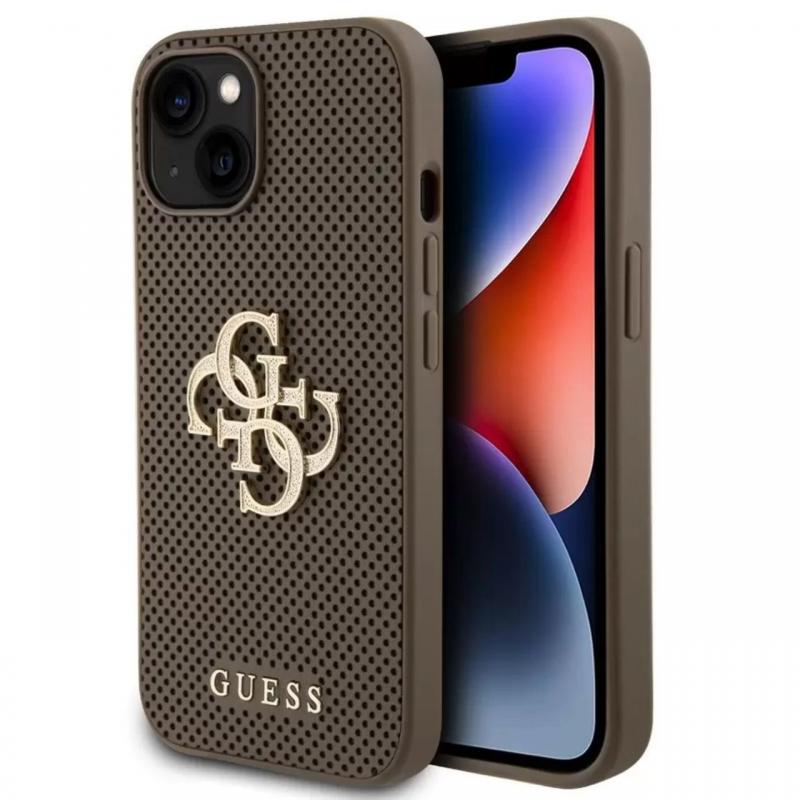 Guess Husa Perforated 4G Glitter Metal Logo iPhone 15 Taupe